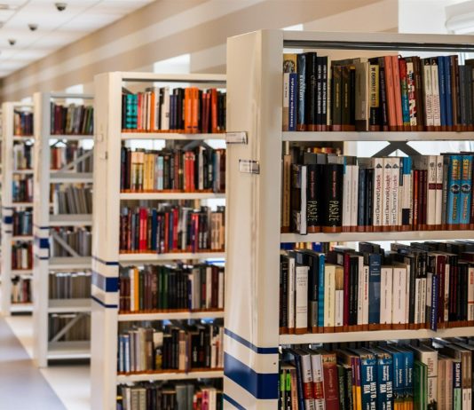 Estanterías con libros en una biblioteca.