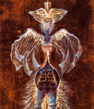 Remedios Varo: Personaje con sombrero ancho, 1961. Tec.mixta. Cortesía Galería ARVIL