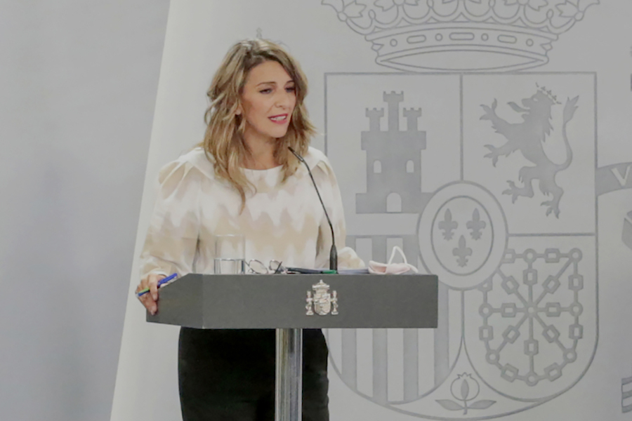 La ministra de Trabajo y Economía Social, Yolanda Díaz, responde a las preguntas de los medios de comunicación, en la rueda de prensa posterior al Consejo de Ministros. La Moncloa, Madrid 29SEP2020