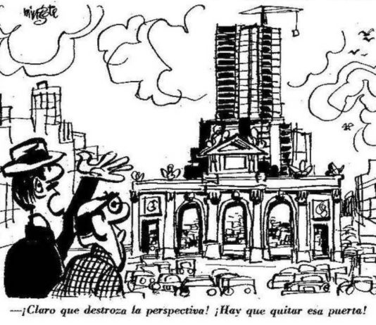 Viñeta de Mingote sobre la aberración urbanística de la Torrre de Valencia sobre la Puerta de Alcalá en Madrid