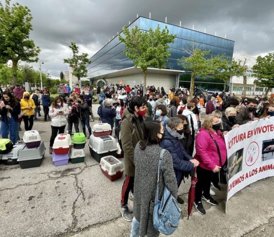 Activistas de protección animal ante Vivotecnia, en Tres cantos, 9ABR2021