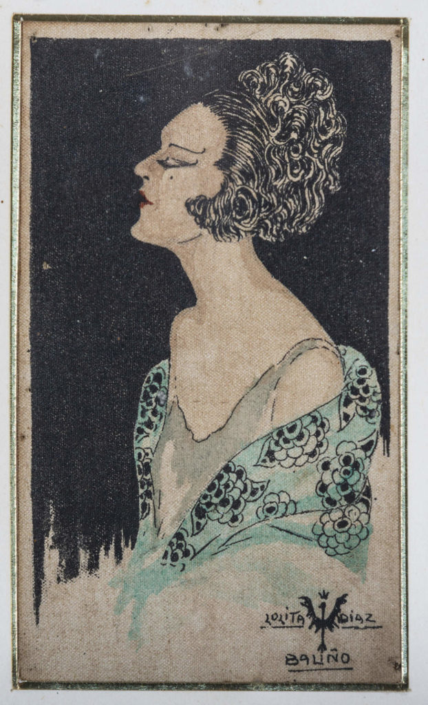 Lolita Díaz Baliño. Arrepentida, aproximadamente circa 1925-1929. Sin marco 12,5x8cm. Tinta e acuarela sobre lienzo. Asinado pola autora
