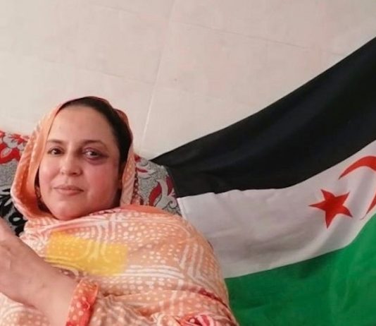 Sultana Jaya con la bandera saharaui al fondo