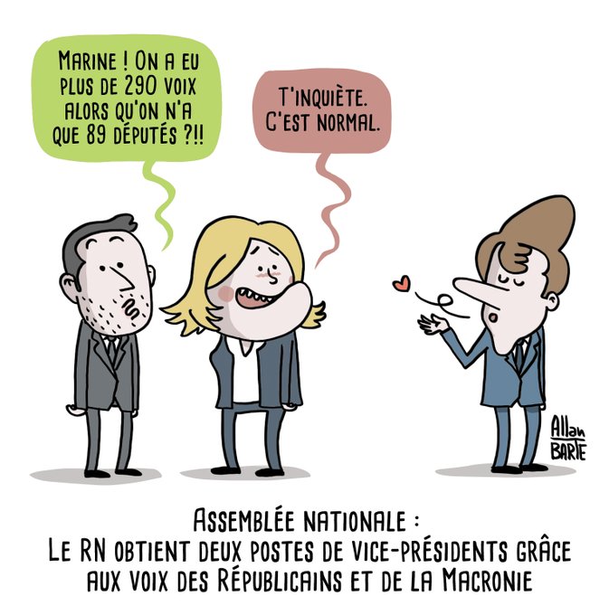 Viñeta del humorista A Barie sobre los pactos parlamentarios entre Macron y Le Pen
