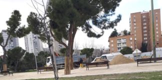 Madrid, Parque de Aluche, obras de pavimentación con zahorras