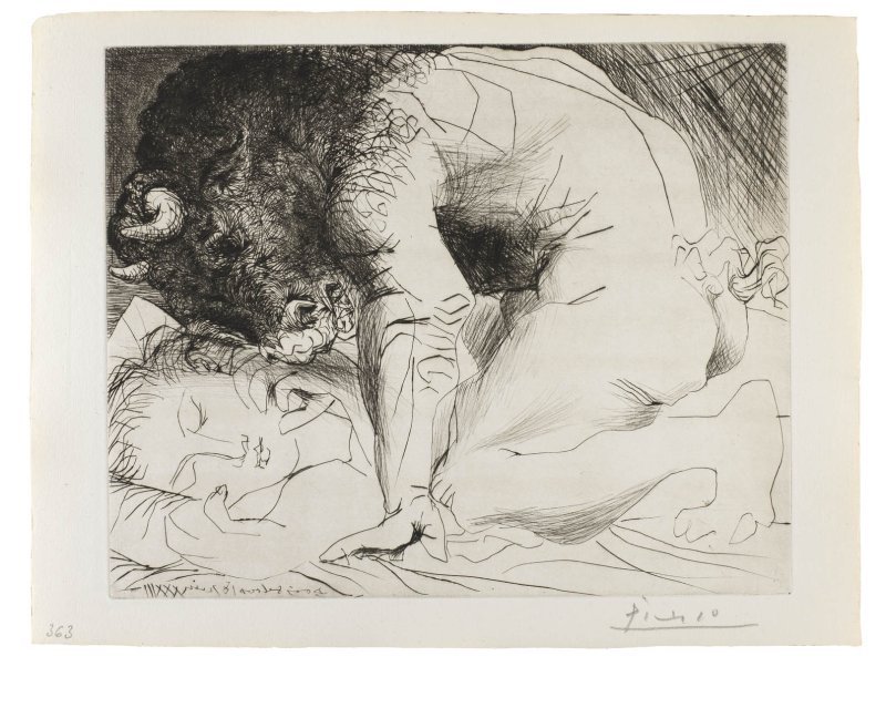 Pablo Picasso: Minotauro acariciando a una mujer dormida, 1933