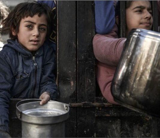Niños acuden a un servicio de entrega de comidas operado por la agencia de las Naciones Unidas para los refugiados palestinos en la Franja de Gaza © Abed Zagout / Pnud