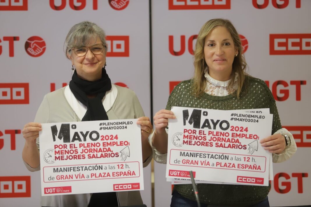 Paloma López (CCOO) y Marina Prieto (UGT) en la convocatoria para el 1 Mayo 2024 en Madrid. 25ABR2024