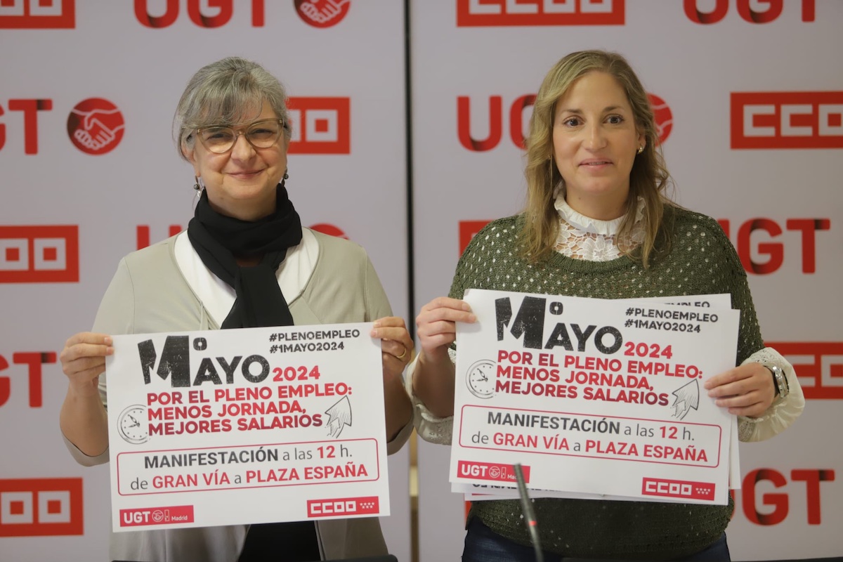 Paloma López (CCOO) y Marina Prieto (UGT) en la convocatoria para el 1 Mayo 2024 en Madrid. 25ABR2024