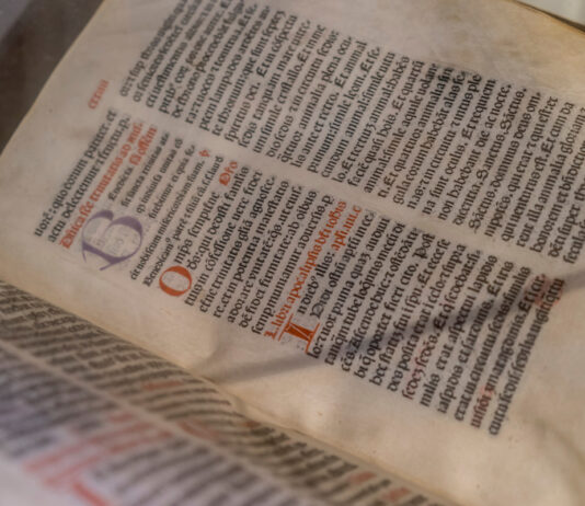 Libro antiguo escrito a mano por los monjes durante el románico en España. Escribir en latín antiguo