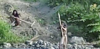 Un vídeo reciente muestra a dos indígenas no contactados del pueblo Hongana Manyawa enfrentando a los conductores de las excavadoras para que no entren en su territorio. ©Anon