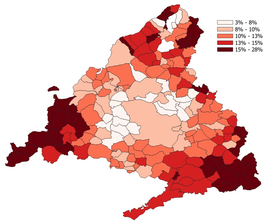 CCOO Madrid: tasa de paro residente por municipios en 2023