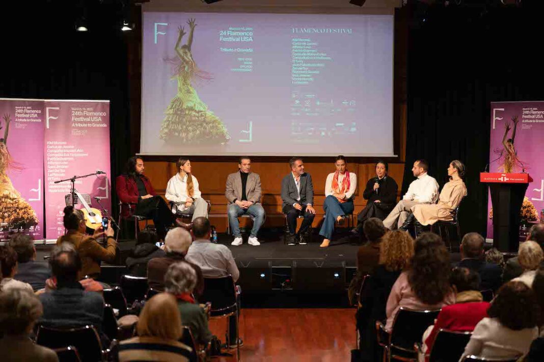 Carlos de Jacoba, Patricia Guerrero, Alfonso Losa, Miguel Marín, Marina Heredia, Eva Yerbabuena, Manuel Liñan y Sara Jiménez en la presentación de Lorca en Nueva York 2025