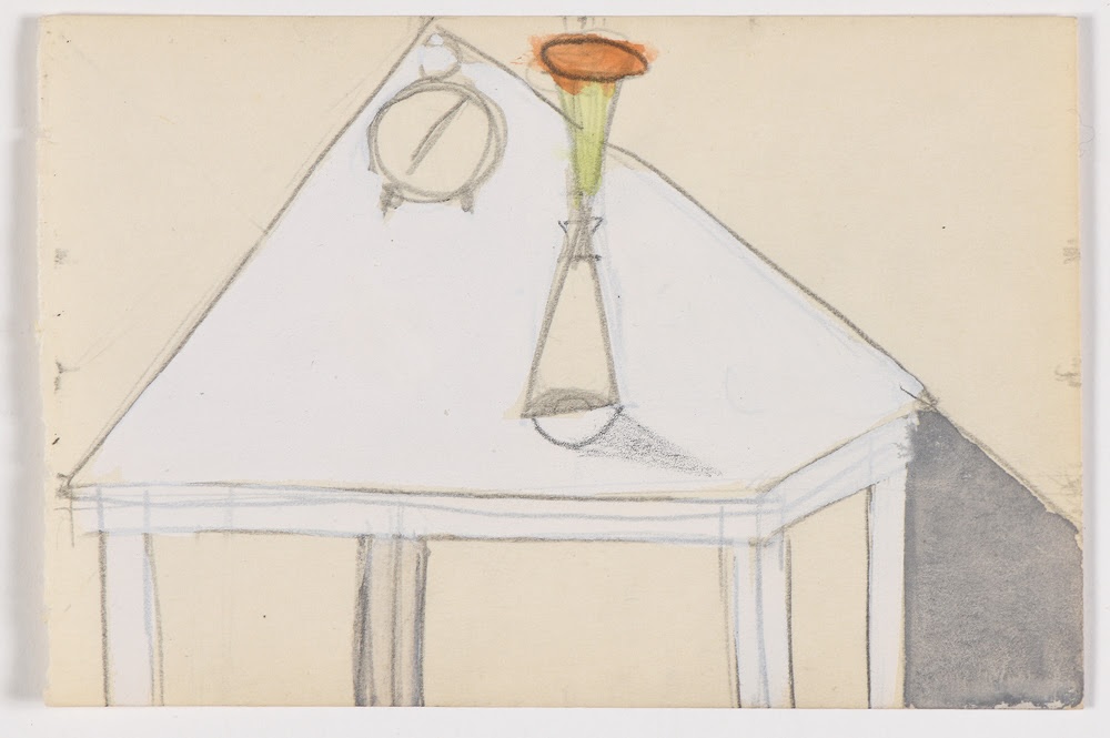 Jarrón con despertador sobre la mesa 1955