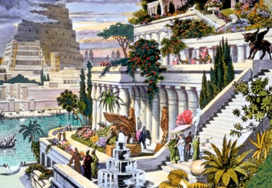 Representación de los Jardines colgantes de Babilonia, con la Torre de Babel en el fondo. Pintura hecha en el Siglo XIX.
