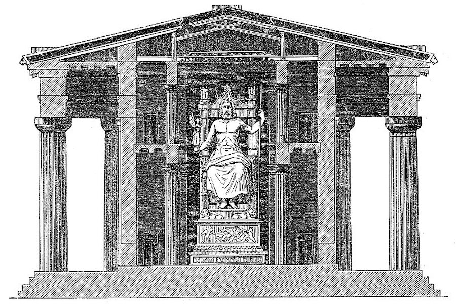 Reconstrucción de la disposición de la estatua, Templo de Zeus en Olimpia. (sección transversal), ilustración en "Historia mundial ilustrada (Illustrerad verlds utgifven) (en sueco) publicada por E. Wallis. Volumen I, 1875