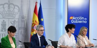 Los ministros Isabel Rodríguez, Arcadi España, Elma Saiz y Milagros Tolón durante la rueda de prensa posterior al Consejo de Ministros. | Pool Moncloa/Borja Puig de la Bellacasa. La Moncloa,