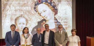 De izquierda a derecha: Alfonso Palacio, Director Adjunto de Conservación e Investigación del Museo Nacional del Prado; Silvia Churruca, Directora de Comunicación y Relaciones Institucionales de la Fundación BBVA; Javier Solana, Presidente del Real Patronato del Museo del Prado; Joan Molina, Comisario de la exposición y jefe de Colección de pintura europea hasta 1500 del Museo Nacional del Prado; Miguel Falomir, Director del Museo Nacional del Prado, y Marina Chinchilla, Directora Adjunta de Administración del Museo Nacional del Prado, durante la presentación de la exposición. Foto © Museo Nacional del Prado