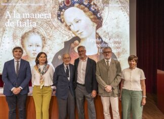 Italia-España: una influencia mutua De izquierda a derecha: Alfonso Palacio, Director Adjunto de Conservación e Investigación del Museo Nacional del Prado; Silvia Churruca, Directora de Comunicación y Relaciones Institucionales de la Fundación BBVA; Javier Solana, Presidente del Real Patronato del Museo del Prado; Joan Molina, Comisario de la exposición y jefe de Colección de pintura europea hasta 1500 del Museo Nacional del Prado; Miguel Falomir, Director del Museo Nacional del Prado, y Marina Chinchilla, Directora Adjunta de Administración del Museo Nacional del Prado, durante la presentación de la exposición. Foto © Museo Nacional del Prado