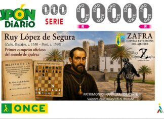 Propuesta para un cupón de la ONCE dedicado a Ruy López y a la Capital Extremeña del Ajedrez