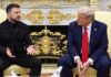 Donald Trump y Volodímir Zelenski durante una reunión en la Casa Blanca. Imagen restaurada mediante inteligencia artificial a partir de un fotograma de baja resolución.