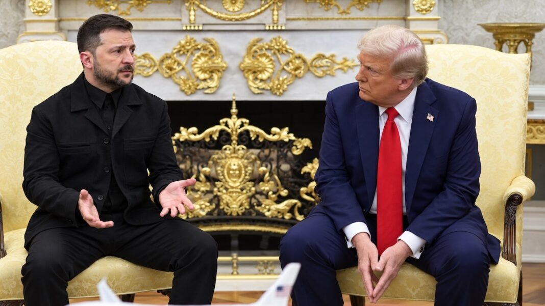 Trump y Zelenski en la Casa Blanca según ChatGPT Donald Trump y Volodímir Zelenski durante una reunión en la Casa Blanca. Imagen restaurada mediante inteligencia artificial a partir de un fotograma de baja resolución.